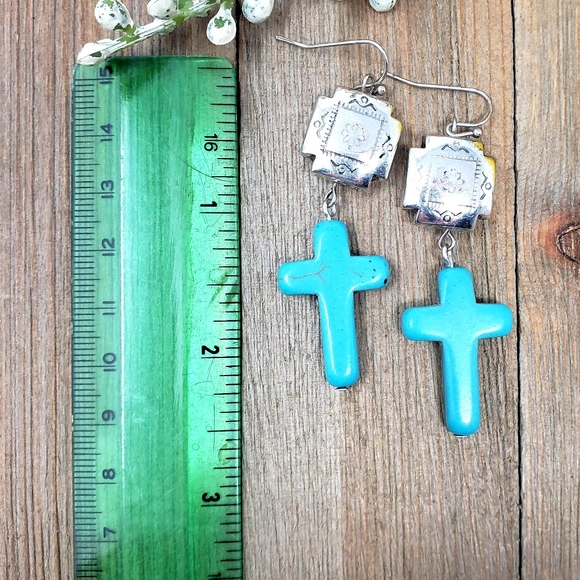 New!! Western Style Cross Semi Stone Turquoise Dangle Earrings - Picture 4 of 5